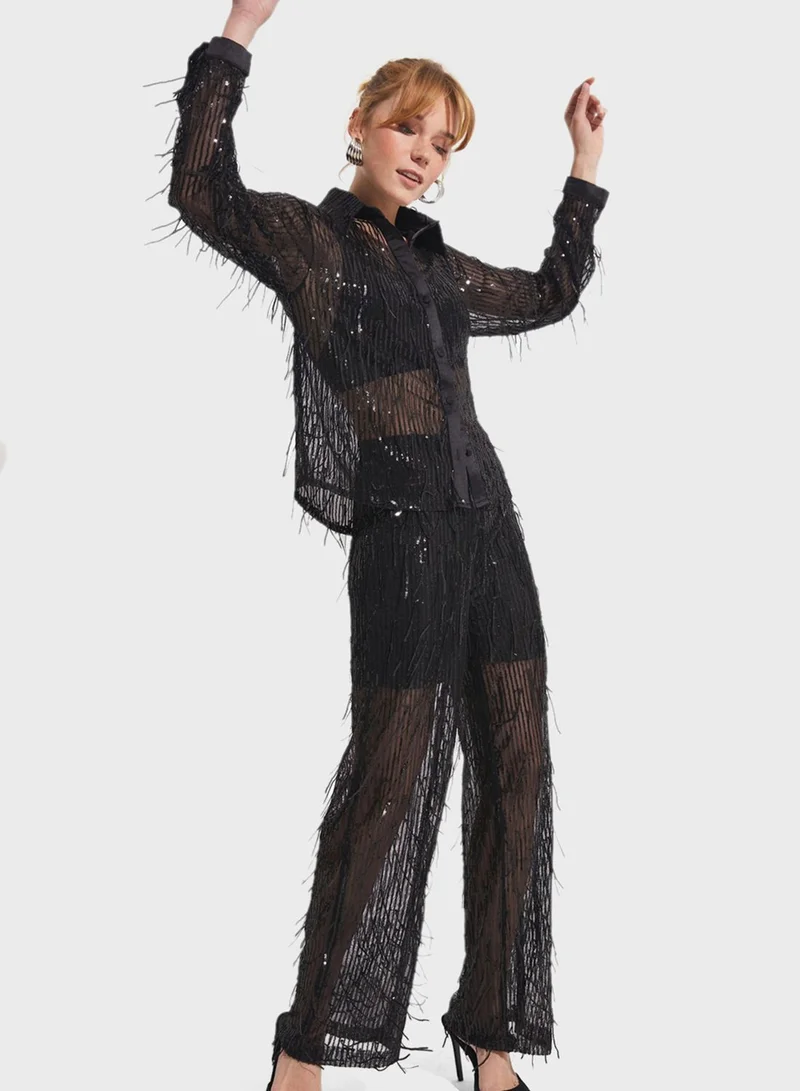 JUNE Fringe Sequin Shirt & Pants Set