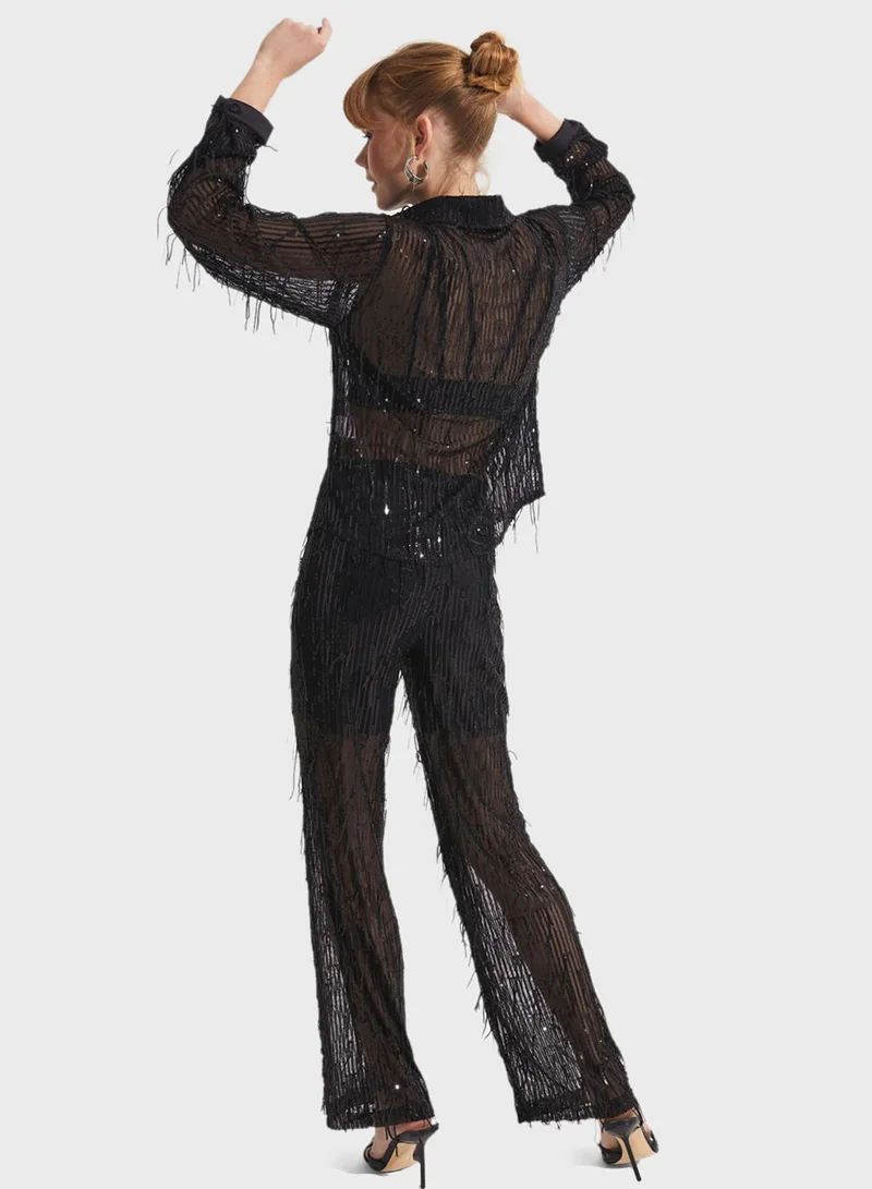 JUNE Fringe Sequin Shirt & Pants Set