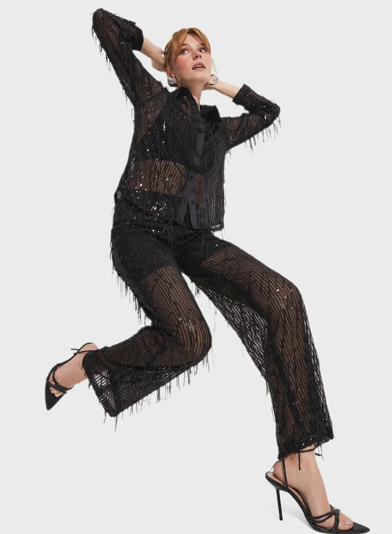 JUNE Fringe Sequin Shirt & Pants Set
