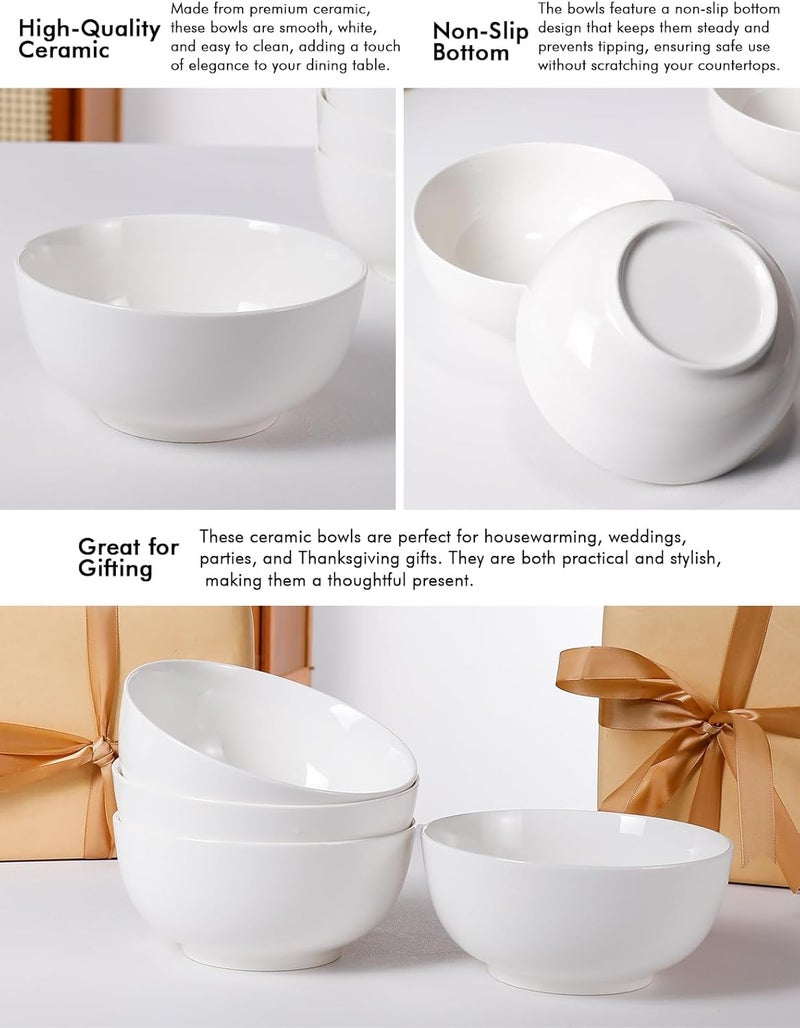 AISBUGUR 28 OZ Soup Bowls6Inch Ceramic White Bowls Set of 4 for KitchenCereal Bowls for Soup Cereal Oatmeal Fruit RiceBowls Set for Dishwasher  Microwave Safe - Image 3