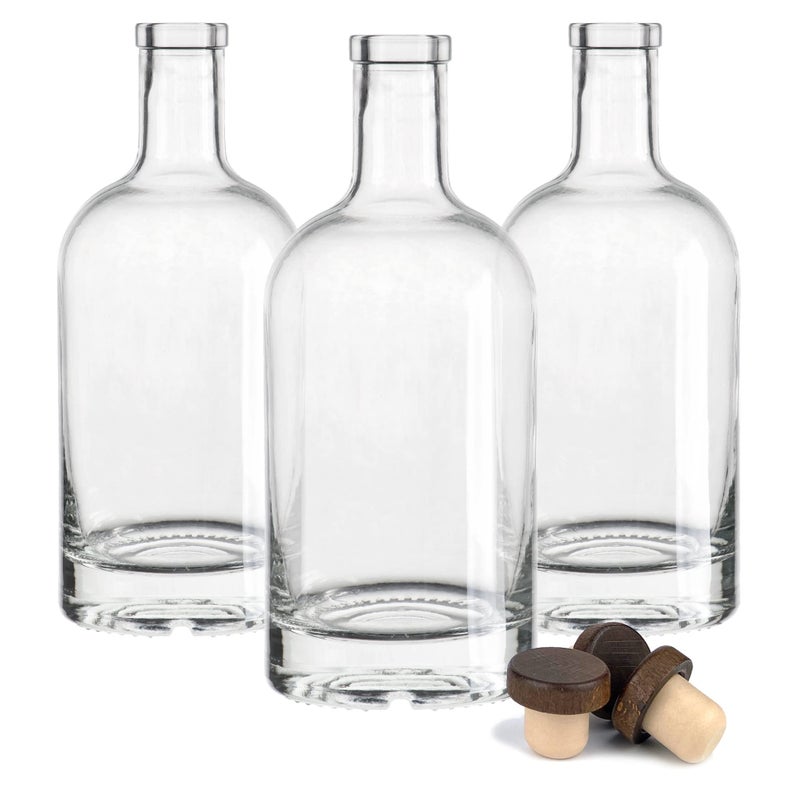 Nordic Bottles - 3 Pack - 750ml (25oz.) Bottles with Wood Bar Top Cork Caps, Clear (NB7503PK) 