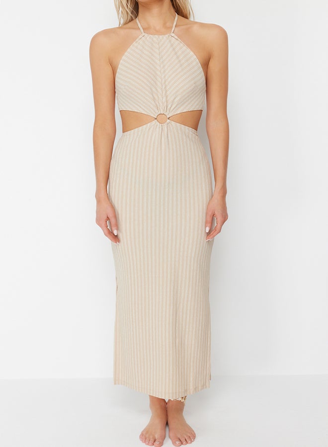 trendyol Beige Maxi Knitted Textured Accessory Beach Dress - Image 4