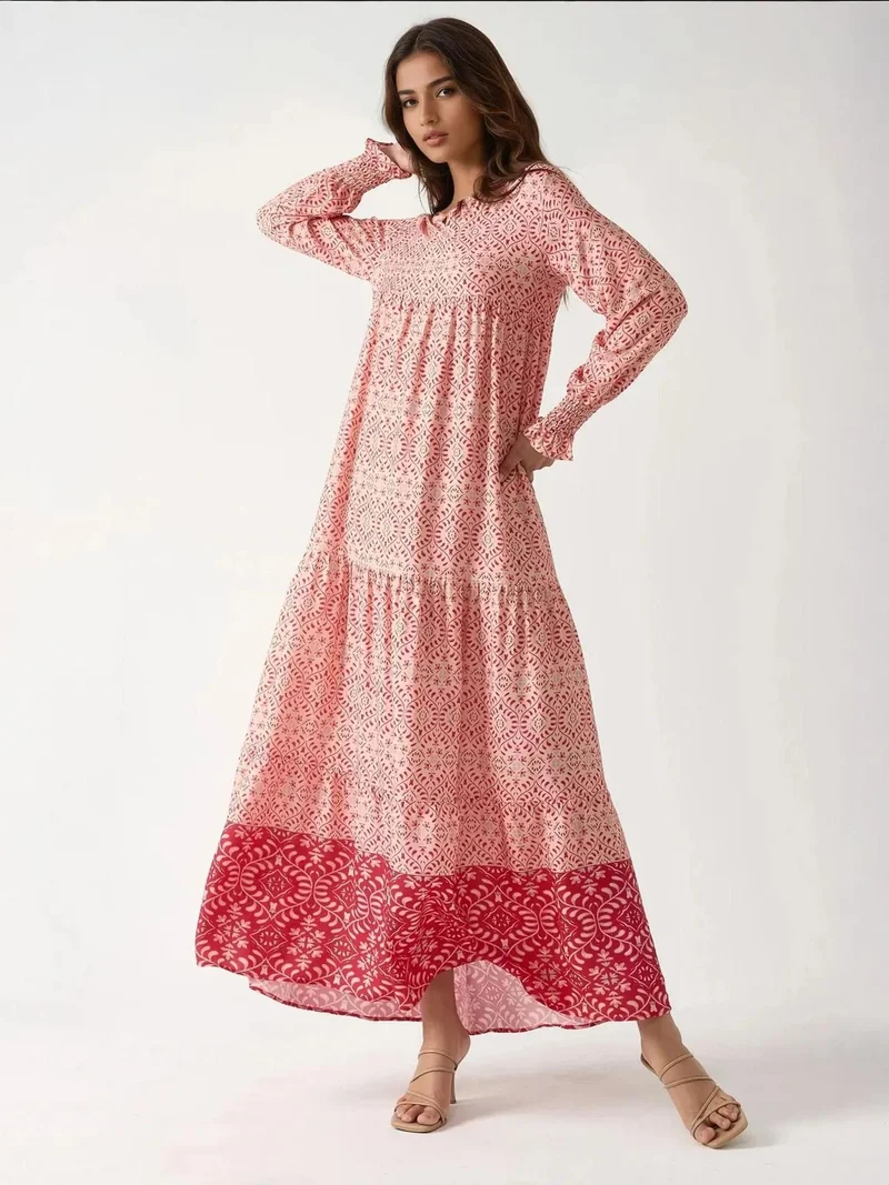 زوبعة فستان ماكسي فيسكوز مطبوع بياقة دائرية