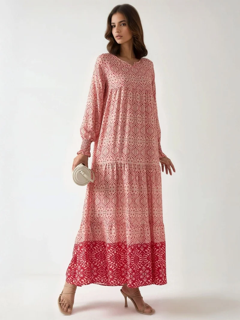 زوبعة فستان ماكسي فيسكوز مطبوع بياقة دائرية