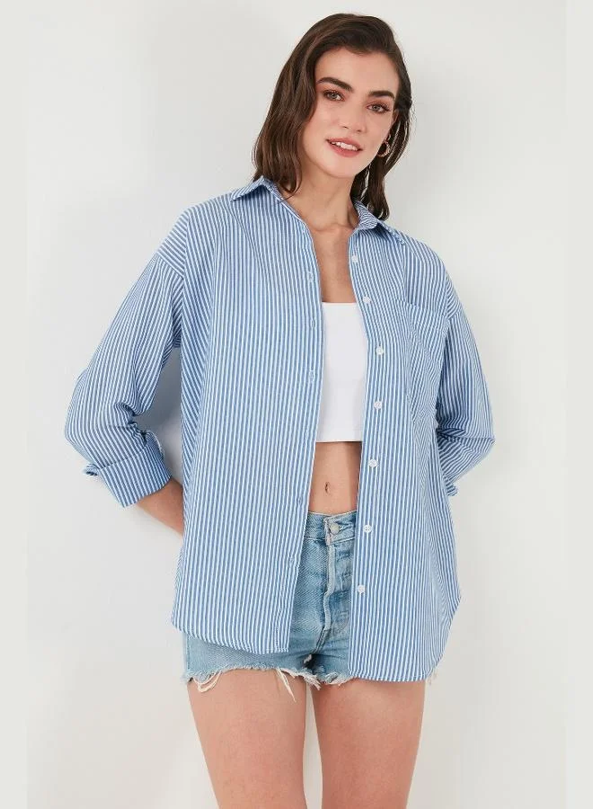 ليلا قميص نسائي مخطط بأكمام طويلة بقصة عادية وجيب