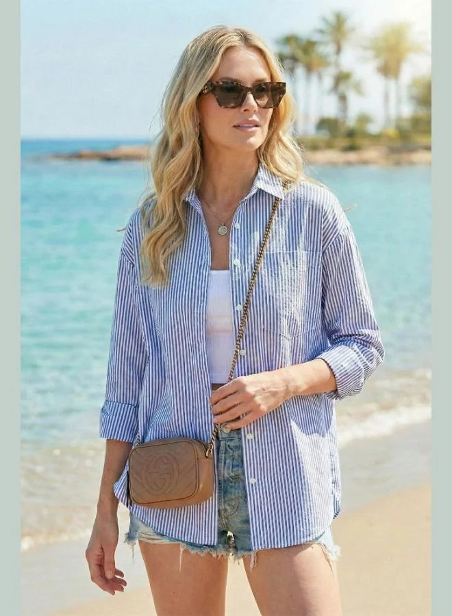 ليلا قميص نسائي مخطط بأكمام طويلة بقصة عادية وجيب