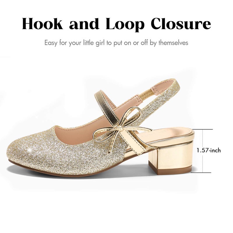 Coutgo Girls Dress Shoes Flower Girl Mary Jane Low Heels Wedding Party Bow Pumps, Gold, Size 10 Toddler - Image 2