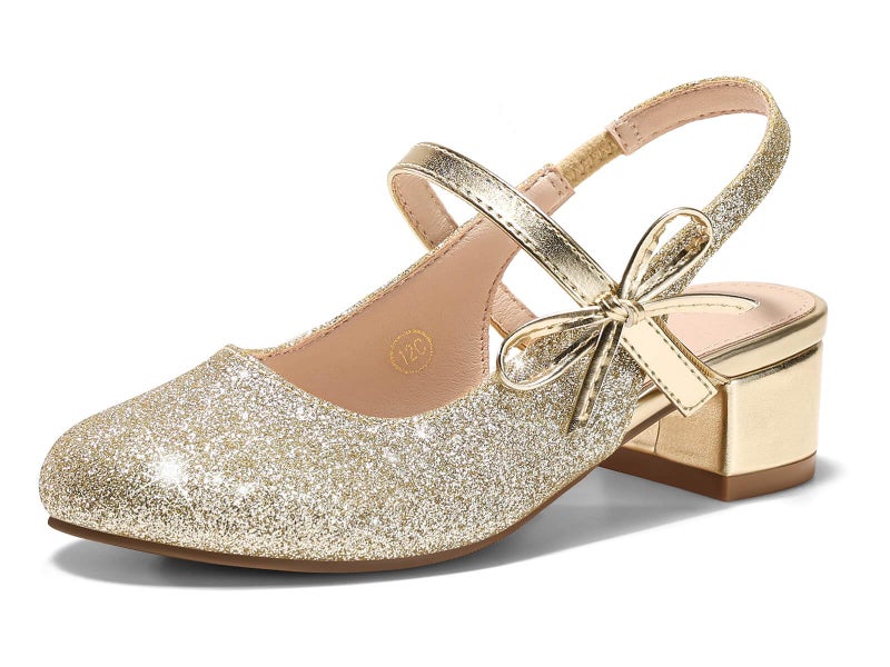 Coutgo Girls Dress Shoes Flower Girl Mary Jane Low Heels Wedding Party Bow Pumps, Gold, Size 10 Toddler - Image 1