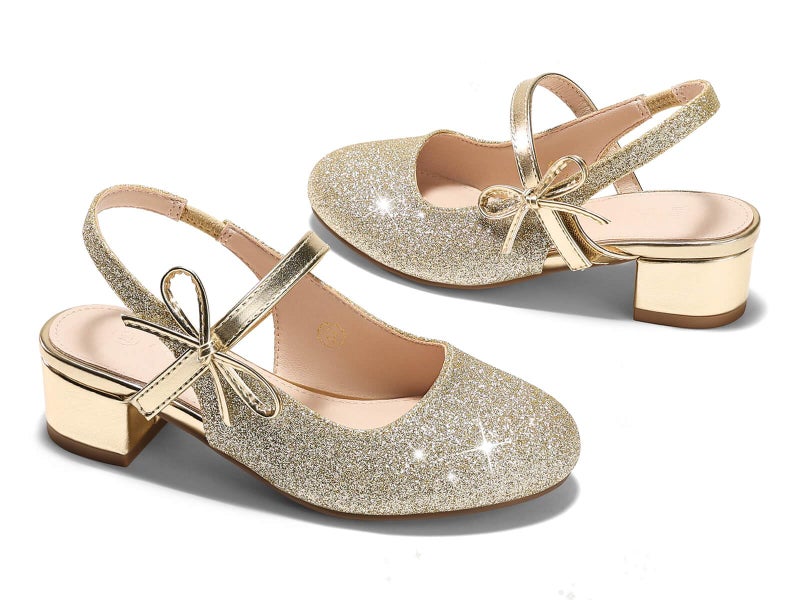 Coutgo Girls Dress Shoes Flower Girl Mary Jane Low Heels Wedding Party Bow Pumps, Gold, Size 10 Toddler - Image 4