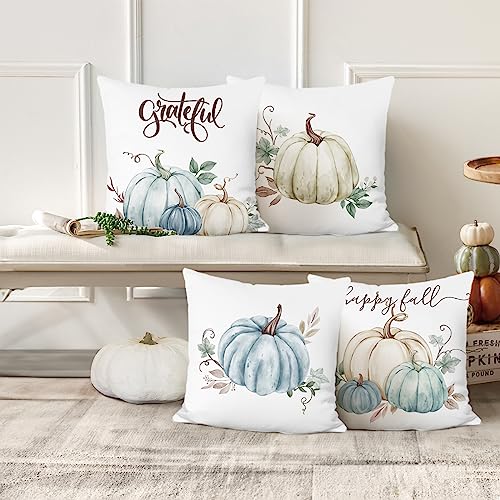 Bonhause Fall Thanksgiving Throw Pillow Covers 18 x 18 Inch Beige Blue Pumpkins Grateful Autumn Decorative Pillowcases for Sofa Couch Fall Decor Set of 4 - Image 3