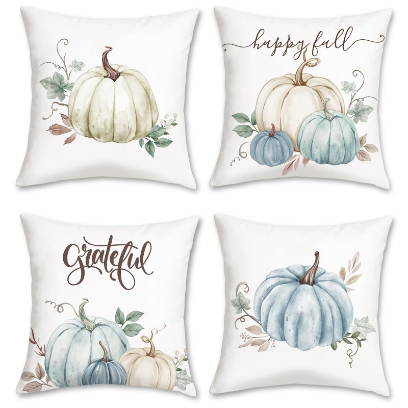 Bonhause Fall Thanksgiving Throw Pillow Covers 18 x 18 Inch Beige Blue Pumpkins Grateful Autumn Decorative Pillowcases for Sofa Couch Fall Decor Set of 4 - Image 2