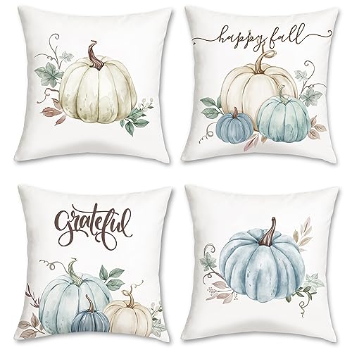 Bonhause Fall Thanksgiving Throw Pillow Covers 18 x 18 Inch Beige Blue Pumpkins Grateful Autumn Decorative Pillowcases for Sofa Couch Fall Decor Set of 4 - Image 1