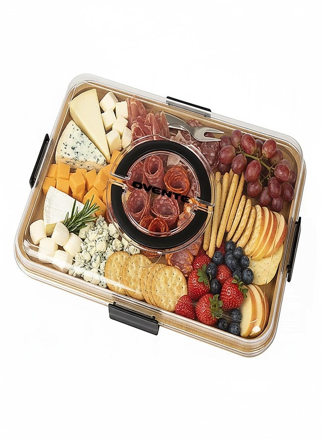 OVENTE Charcuterie Board with Clear Locking Lid and Black Handles, 16.5" x 12.6" Bamboo Food Serving Tray, Portable Cheese Cutting Board for Entertaining or Picnic, House Warming Gifts, Brown B011713B - Image 1