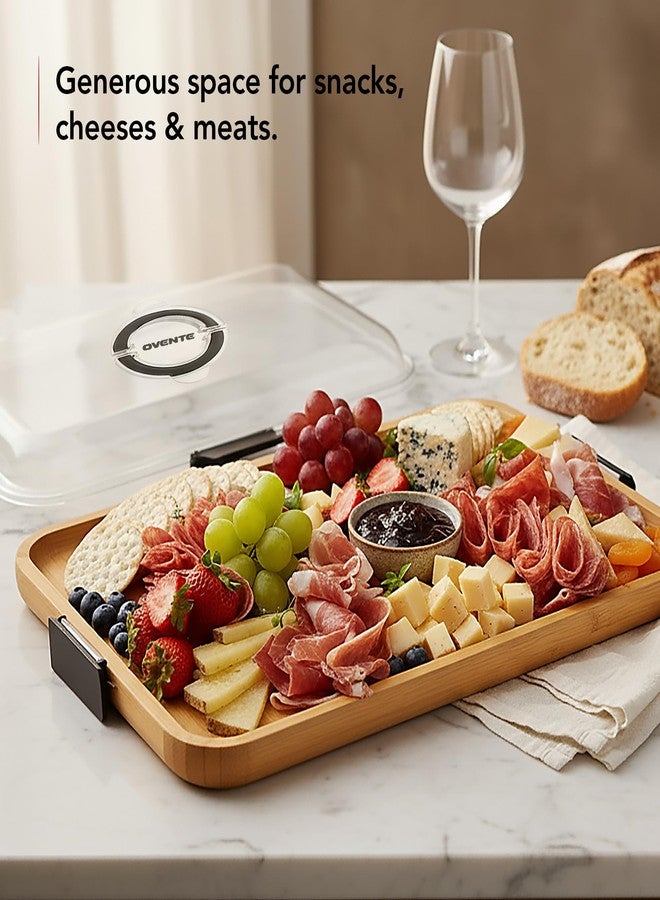 OVENTE Charcuterie Board with Clear Locking Lid and Black Handles, 16.5" x 12.6" Bamboo Food Serving Tray, Portable Cheese Cutting Board for Entertaining or Picnic, House Warming Gifts, Brown B011713B - Image 2