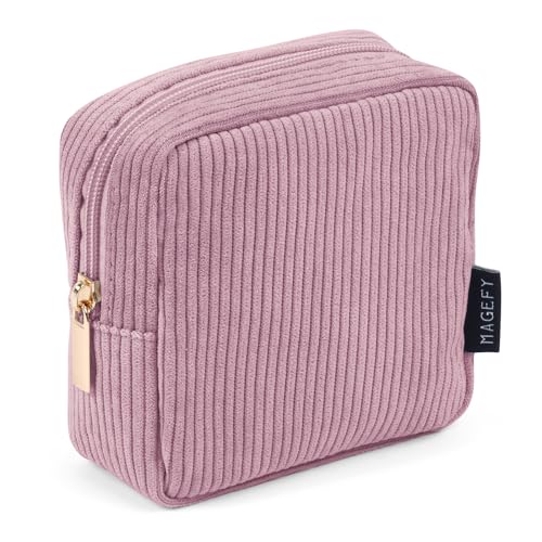 MAGEFY Small Makeup Bag for Purse Mini Cosmetics Bag Corduroy Cute Cosmetic Pouch for Women with Slip-in Pockets (Pink) - Image 1