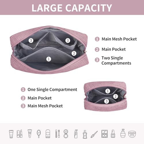 MAGEFY Small Makeup Bag for Purse Mini Cosmetics Bag Corduroy Cute Cosmetic Pouch for Women with Slip-in Pockets (Pink) - Image 3