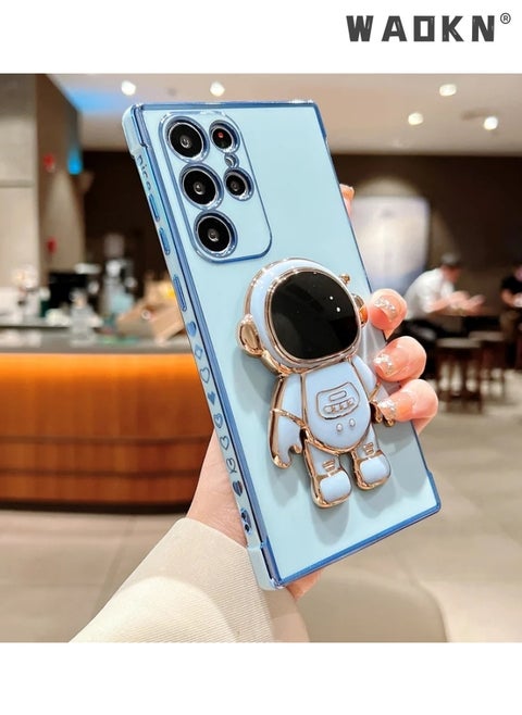 Phone Case for Samsung Galaxy S23 Ultra 6.8" 6D Electroplating Astronaut Phone Case Hidden Stand Protective Cover Astronaut Folding Bracket Phone Case with Camera Protector(blue)