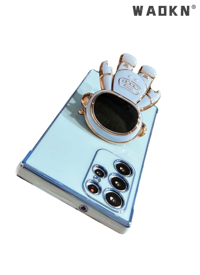 WAOKN Phone Case for Samsung Galaxy S23 Ultra 6.8" 6D Electroplating Astronaut Phone Case Hidden Stand Protective Cover Astronaut Folding Bracket Phone Case with Camera Protector(blue)  - Image 2