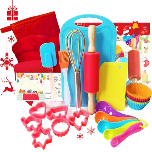 IELEK Kids Baking Set Real Cooking Kit Supplies with Apron Chef Hat Oven Mitt Recipes and Kitchen Accessories Tools for Toddler Dress Up Kids Gift - Image 1