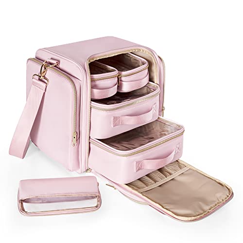 Prokva Travel Makeup Bag with 5 Removable Cases, Large Cosmetic Case Make up Organizer with Strap and Multiple Storage Pockets, Pink (Patented Design) - Image 1