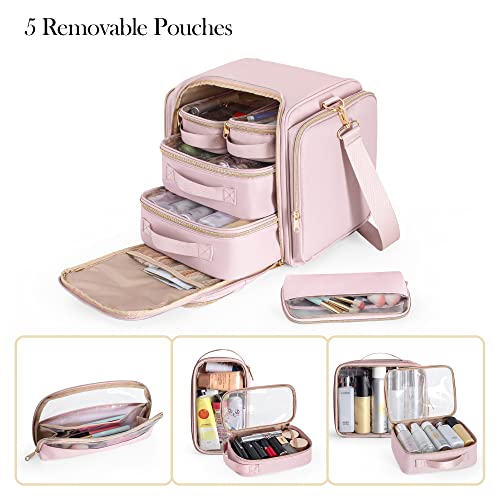 Prokva Travel Makeup Bag with 5 Removable Cases, Large Cosmetic Case Make up Organizer with Strap and Multiple Storage Pockets, Pink (Patented Design) - Image 2