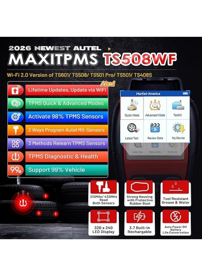 أوتل أداة Autel MaxiTPMS TS508WF لإعادة تعلم نظام مراقبة ضغط الإطارات (TPMS)، إصدار مطور من TS508 / TS408، تدعم تفعيل وإعادة تعلم جميع الحساسات، وبرمجة حساسات Autel، وإعادة ضبط وتشخيص TPMS، وقراءة ومسح أكواد الأعطال، مع تحديثات مجانية مدى الحياة - Image 2