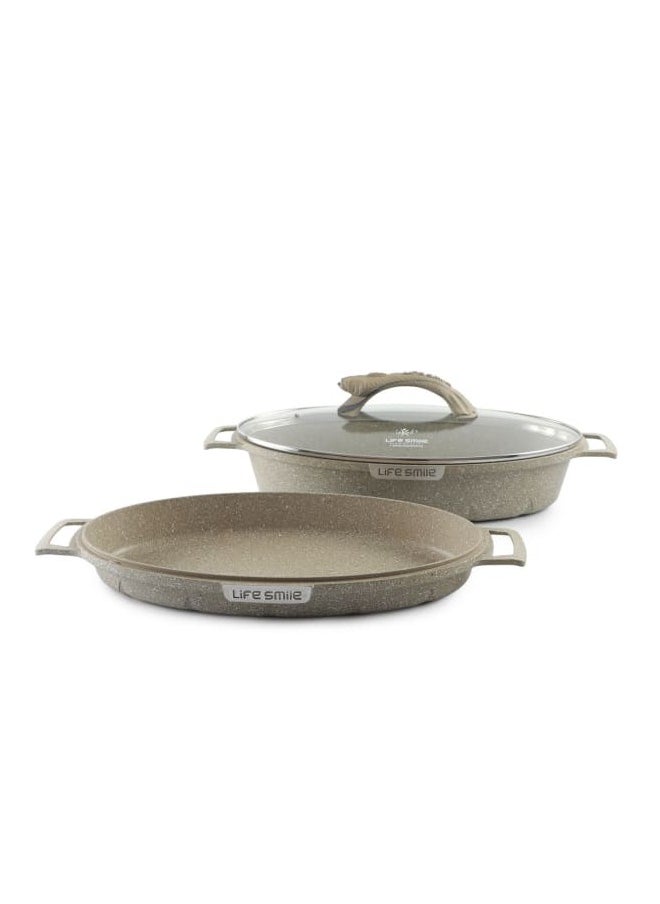 Life Smile - Double Fish Frying Pan With lid, Multi Layer Non-Stick Granite Coating , 100% PFOA FREE, Oven Safe - Image 1
