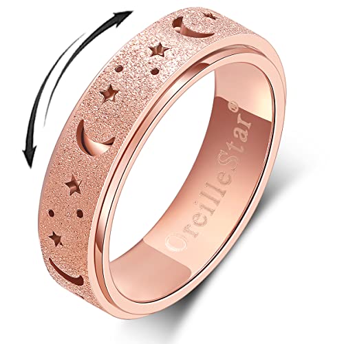 OreilleStar Anxiety Ring for Women Spinner Ring Fidget Toys Adults Stailess Steel Fidit for Men Moon Star Band Rose Gold Size 10 - Image 1
