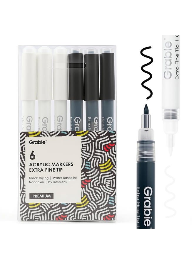 Grabie مجموعةMarkers طلاء أكريليك ذات طرف رفيع باللونين الأسود والأبيض، 6 قطع، أقلام طلاء أكريليك بقطر 0.7 مم للتفاصيل الدقيقة والإبرازات على الرسومات، رسم الصخور، الزجاج، القماش، الخشب، أقلام إبراز بيضاء - Image 1