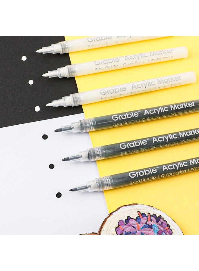 Grabie مجموعةMarkers طلاء أكريليك ذات طرف رفيع باللونين الأسود والأبيض، 6 قطع، أقلام طلاء أكريليك بقطر 0.7 مم للتفاصيل الدقيقة والإبرازات على الرسومات، رسم الصخور، الزجاج، القماش، الخشب، أقلام إبراز بيضاء - Image 5