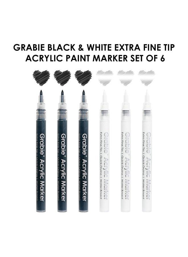 Grabie مجموعةMarkers طلاء أكريليك ذات طرف رفيع باللونين الأسود والأبيض، 6 قطع، أقلام طلاء أكريليك بقطر 0.7 مم للتفاصيل الدقيقة والإبرازات على الرسومات، رسم الصخور، الزجاج، القماش، الخشب، أقلام إبراز بيضاء - Image 2