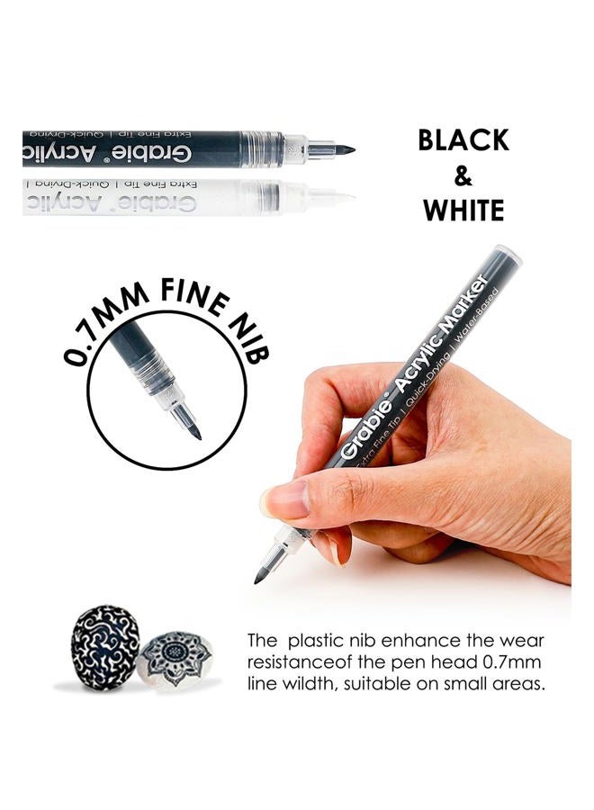 Grabie مجموعةMarkers طلاء أكريليك ذات طرف رفيع باللونين الأسود والأبيض، 6 قطع، أقلام طلاء أكريليك بقطر 0.7 مم للتفاصيل الدقيقة والإبرازات على الرسومات، رسم الصخور، الزجاج، القماش، الخشب، أقلام إبراز بيضاء - Image 3