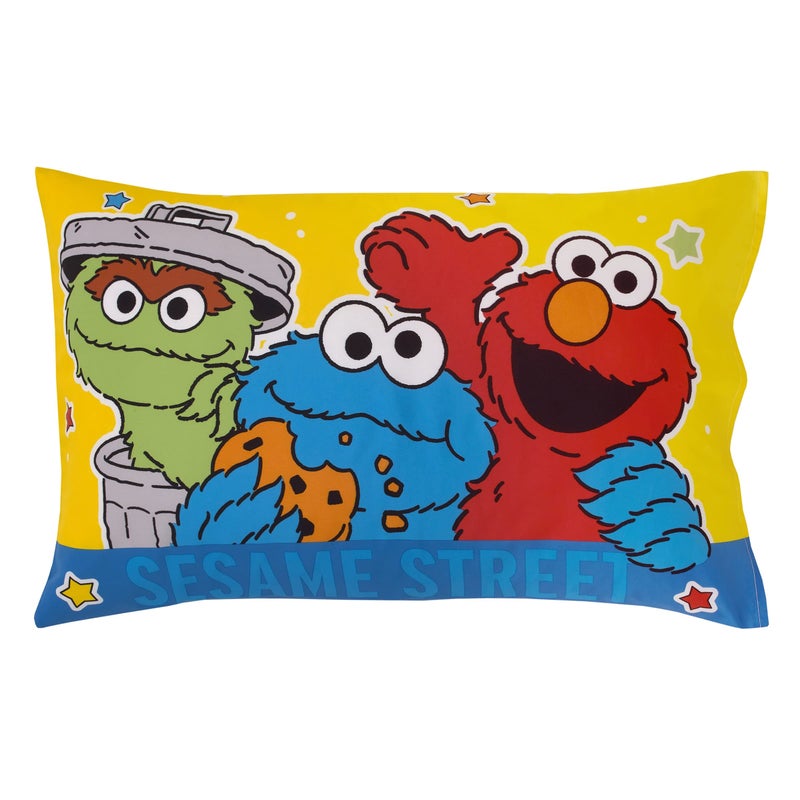 NoJo Sesame Street Come and Play Blue, Green, Red and Yellow, Elmo, Big Bird, Cookie Monster, Grover and Oscar The Grouch 2 Piece Toddler Sheet Set - Fitted Bottom Sheet and Reversible Pillowcase - Image 3