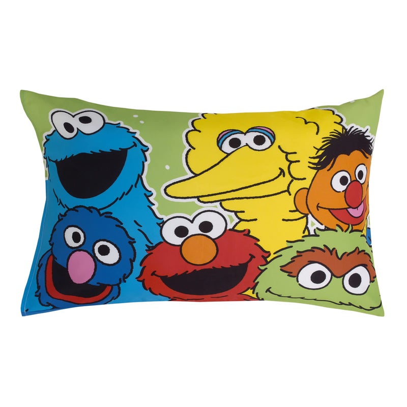 NoJo Sesame Street Come and Play Blue, Green, Red and Yellow, Elmo, Big Bird, Cookie Monster, Grover and Oscar The Grouch 2 Piece Toddler Sheet Set - Fitted Bottom Sheet and Reversible Pillowcase - Image 4