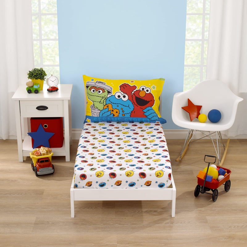 NoJo Sesame Street Come and Play Blue, Green, Red and Yellow, Elmo, Big Bird, Cookie Monster, Grover and Oscar The Grouch 2 Piece Toddler Sheet Set - Fitted Bottom Sheet and Reversible Pillowcase - Image 1