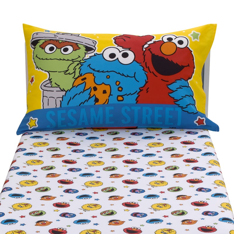 NoJo Sesame Street Come and Play Blue, Green, Red and Yellow, Elmo, Big Bird, Cookie Monster, Grover and Oscar The Grouch 2 Piece Toddler Sheet Set - Fitted Bottom Sheet and Reversible Pillowcase - Image 5