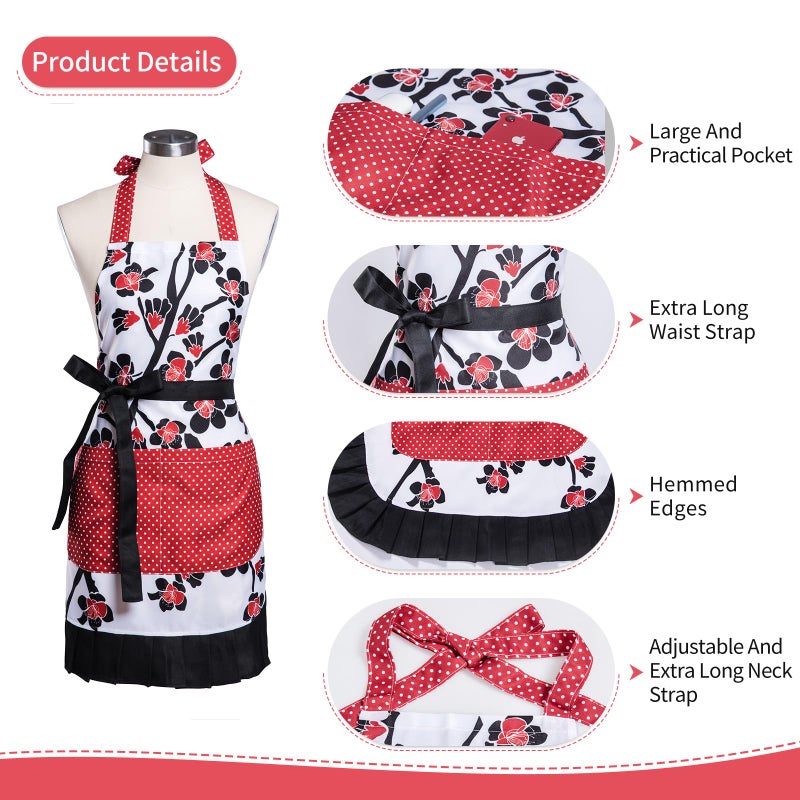 Alex Virtue Lovely Flower Pattern Retro Aprons With Large Pockets for Women Girls Cooking Kitchen Bakery Mother's Gift (Plum Bloom) - Image 4