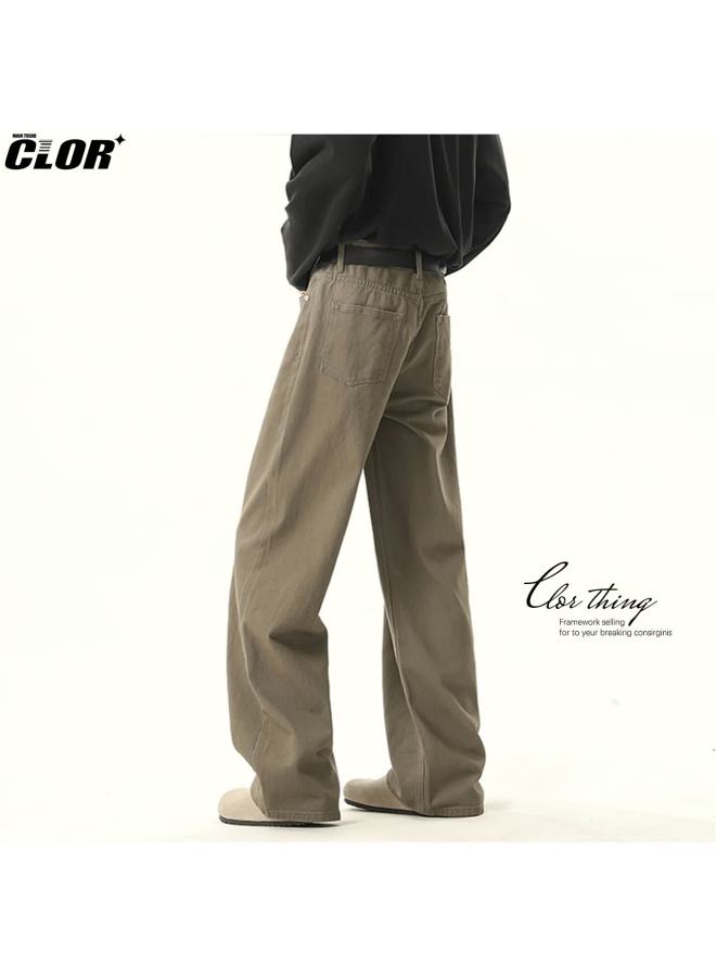 Clor Pure Cotton American Vintage Casual Pants Men Autumn Winter Cleanfit Loose Straight Micro Flare Pants Cl101 Brown XL - Image 2