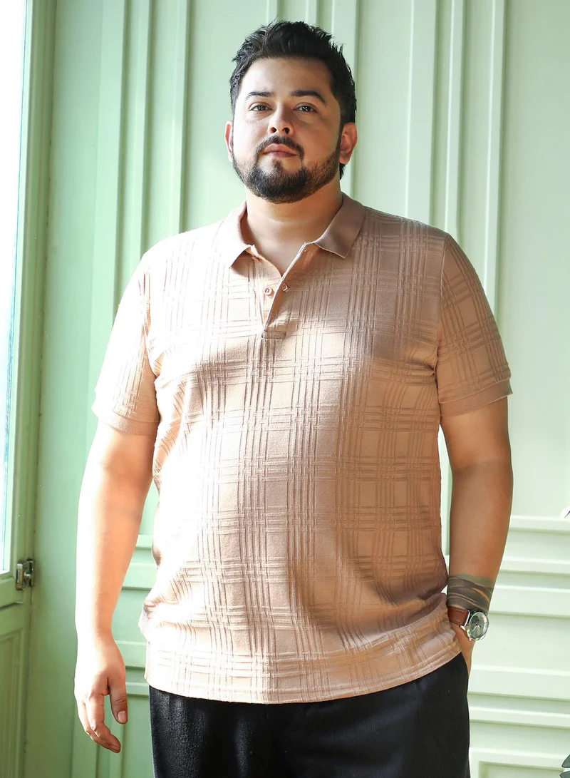 Instafab Plus Men Intertwine-Textured Polo T-Shirt | Ribbed Polo Neck, Short Ribbed-Cuff Sleeves | Half-Button, Straight Hem | Solid Textured Knit Fabric For Plus Size Casual & Daily Wear | Beige