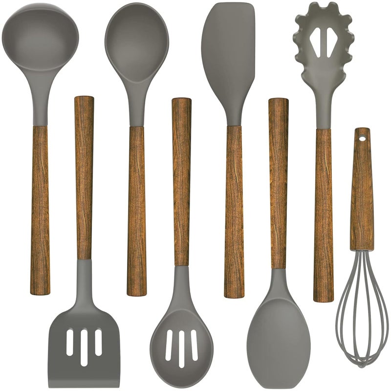 Umite Chef Silicone Cooking Utensil Set 8Piece Kitchen Utensils Set with Natural Acacia Wooden HandlesFoodGradeSilicone Kitchen Gadgets and Spatula Set for Nonstick Cookware  Grey