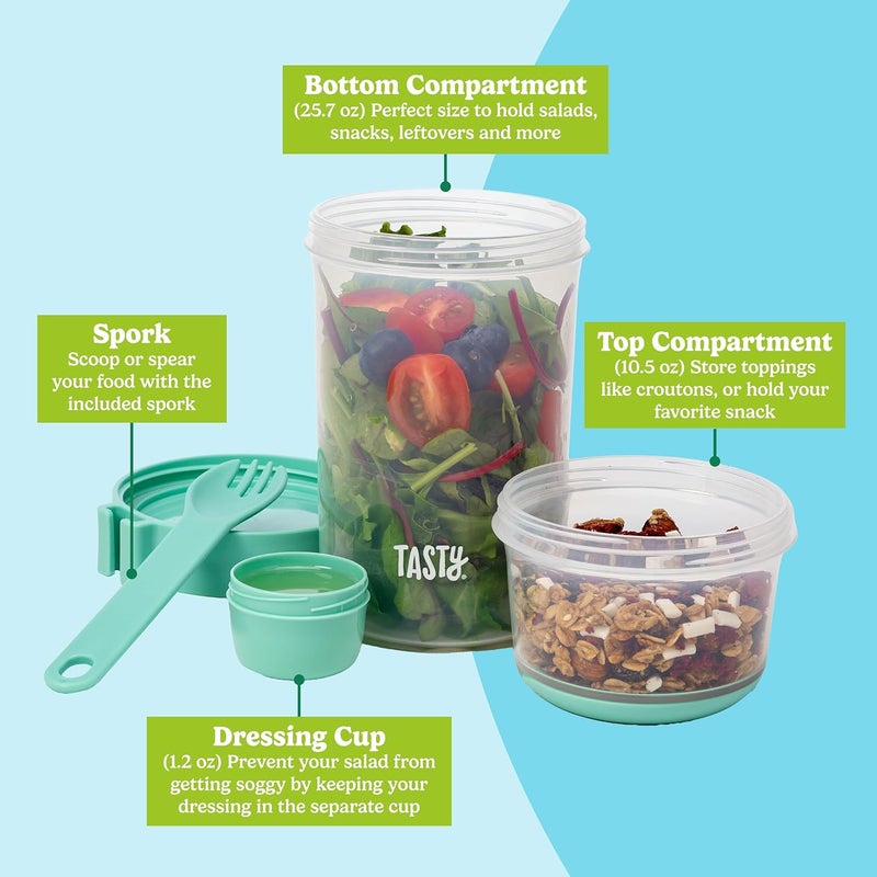 Tasty Salad Shakers with Sporks, Bring Salads and Snacks to Go, All-In-One Container, Convenient Carry Handle, Separate Compartments, 2-Pack Set, Aqua - Image 4