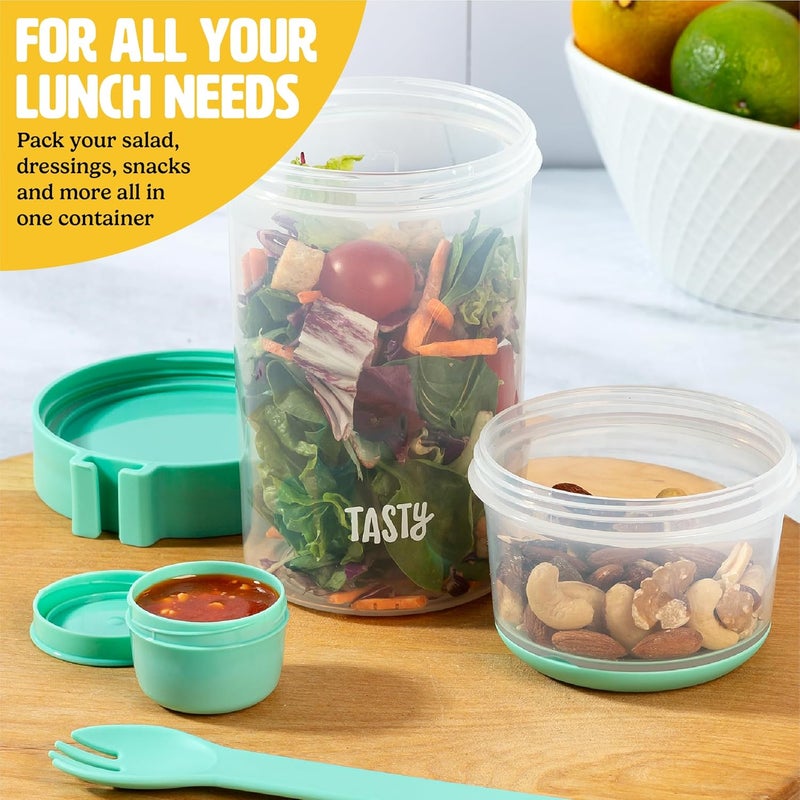 Tasty Salad Shakers with Sporks, Bring Salads and Snacks to Go, All-In-One Container, Convenient Carry Handle, Separate Compartments, 2-Pack Set, Aqua - Image 3