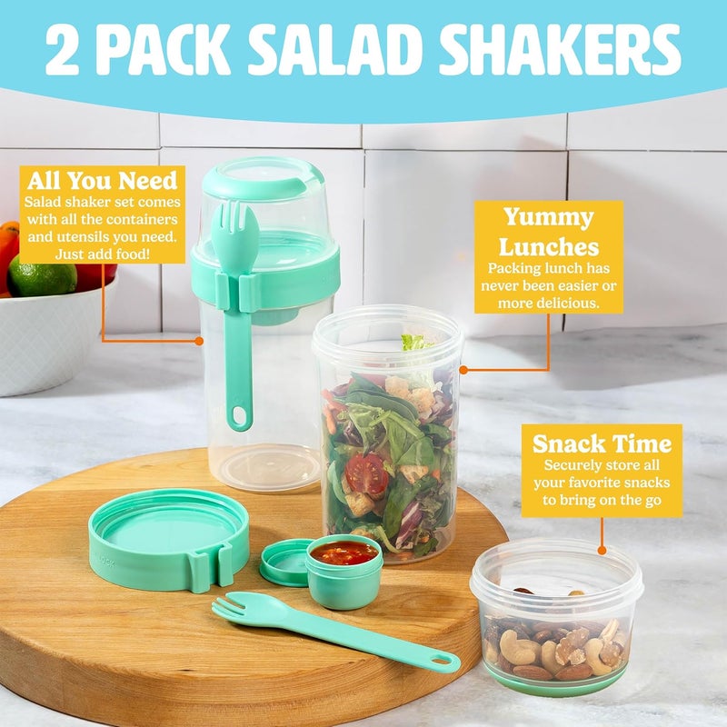 Tasty Salad Shakers with Sporks, Bring Salads and Snacks to Go, All-In-One Container, Convenient Carry Handle, Separate Compartments, 2-Pack Set, Aqua - Image 2