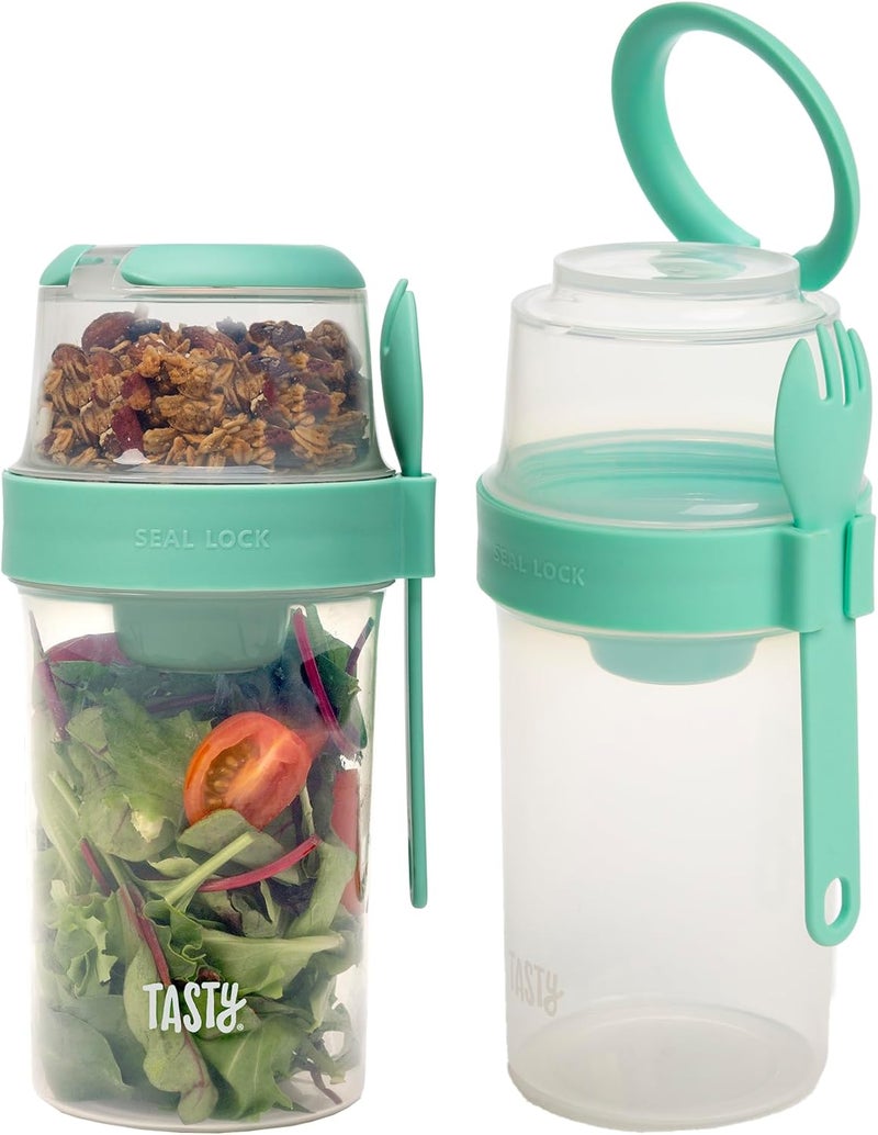 Tasty Salad Shakers with Sporks, Bring Salads and Snacks to Go, All-In-One Container, Convenient Carry Handle, Separate Compartments, 2-Pack Set, Aqua - Image 1