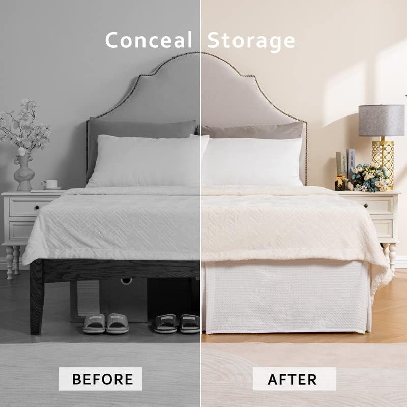 MIYE Pleated Waffle Weave Bed Skirt, Tailored Dust Ruffle 12 Inch Drop Easy Fit, Machine Washable (White, Twin - 12" Drop) - Image 4
