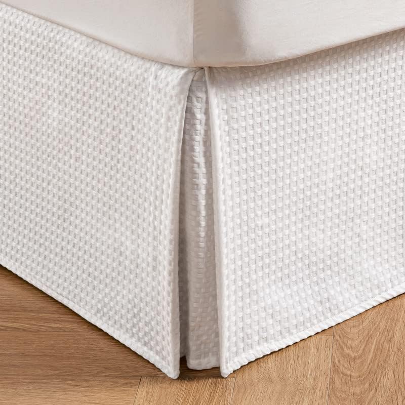 MIYE Pleated Waffle Weave Bed Skirt, Tailored Dust Ruffle 12 Inch Drop Easy Fit, Machine Washable (White, Twin - 12" Drop) - Image 1