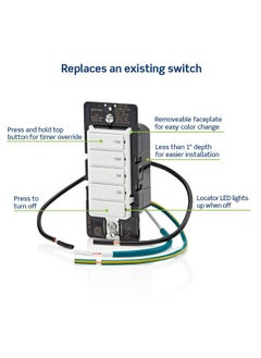 Leviton Countdown Timer Switch for bathroom fan and household lights, 2-5-10-15 min, No Neutral Required, Single Pole, 15A, 1/2 HP/9.8A Fan/Motor, White  - Image 4