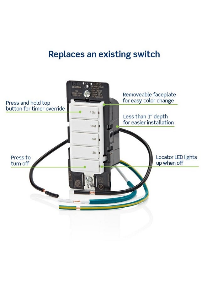 Leviton Countdown Timer Switch for bathroom fan and household lights, 2-5-10-15 min, No Neutral Required, Single Pole, 15A, 1/2 HP/9.8A Fan/Motor, White  - Image 4