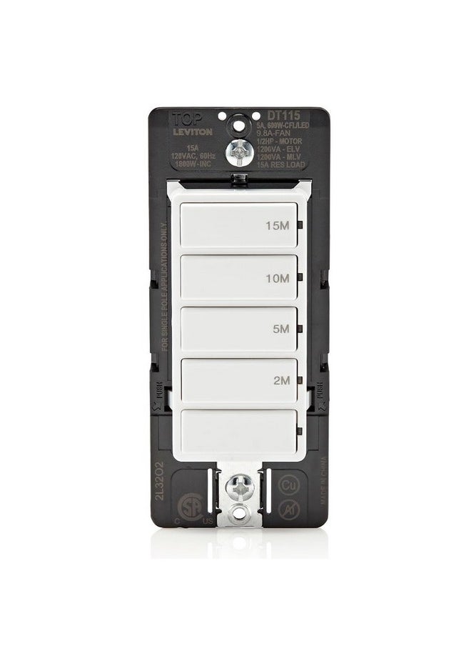 Leviton Countdown Timer Switch for bathroom fan and household lights, 2-5-10-15 min, No Neutral Required, Single Pole, 15A, 1/2 HP/9.8A Fan/Motor, White  - Image 1