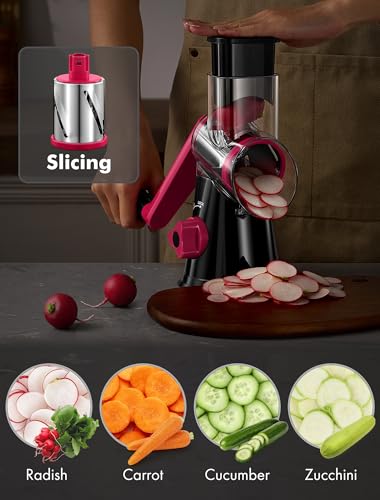GDL Cheese Grater Rotary Rotary Grater for Kitchen Kitchen Vegetable Slicer with 3 Drum Blades Fast Cutting Cheese Shredder for Vegetables and Nuts BlackRosy 3 BLADES - Image 3